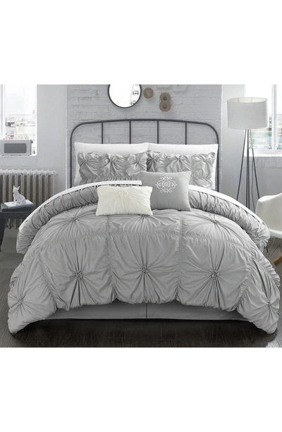 Chic Hilton Floral Pinch Pleat Ruffled 6-piece Comforter Set In Silver