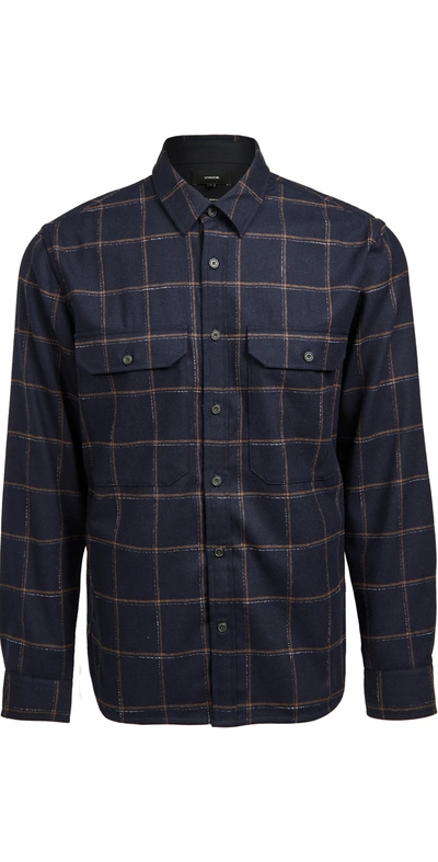 Vince Wool Blend Crosshatch Windowpane Classic Fit Button Down Shirt Jacket In Black