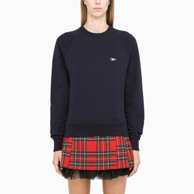 Maison Kitsuné Navy Crewneck Sweatshirt With Patch In Blue