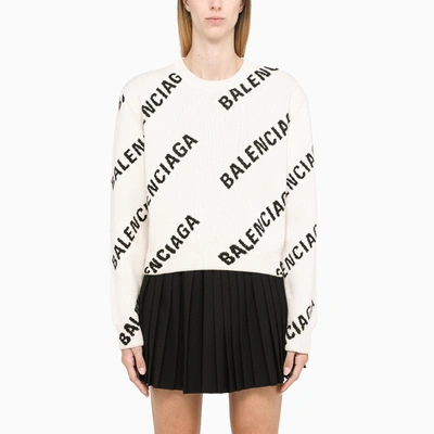 Balenciaga White/black Jacquard Logo Cropped Jumper