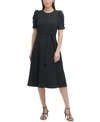 Dkny Women's Ruched-sleeve Belted Fit And Flare Midi Dress In Black