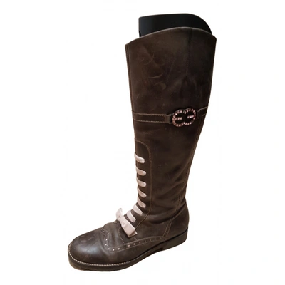 Pre-owned Escada Leather Riding Boots In Brown