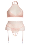 Coquette Crop Halter Top, Garter Belt & G-string Thong In Pink