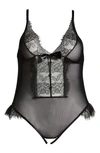 Coquette Lace & Mesh Open Gusset Teddy In Black