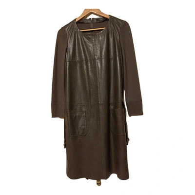 Pre-owned Max Mara Leather Mid-length Dress In Khaki