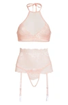 Coquette Crop Halter Top, Garter Belt & G-string Thong In Pink