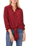 Vince Camuto Tie Front Button-up Matte Satin Blouse In Earth Red
