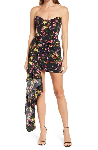 Katie May Chasing Dawn Floral Strapless Minidress In Black/ Coral