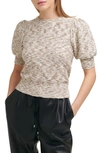 Dkny Sportswear Marled Puff Sleeve Cotton Blend Sweater In Ivy/ Caper