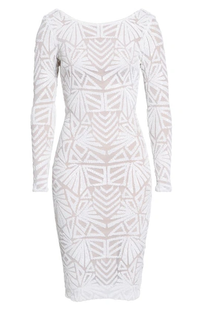 Dress The Population Emery Long Sleeve Sequin Cocktail Dress In White/ Nude
