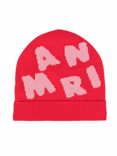 Marni Intarsia Logo-knit Beanie Hat In Red