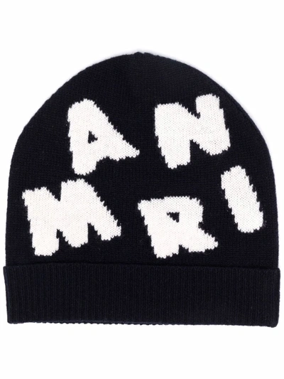 Marni Kids' Intarsia Logo-knit Beanie Hat In Blue