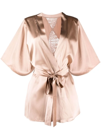 Fleur Of England Marlena Lace-detail Satin Dressing Gown In Neutrals