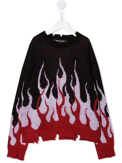 Vision Of Super Kids' Flame-print Intarsia-knit Jumper In Black