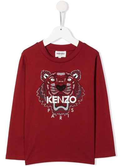 Kenzo Kids' Boy's Tiger-print Jersey Long-sleeve T-shirt In Red