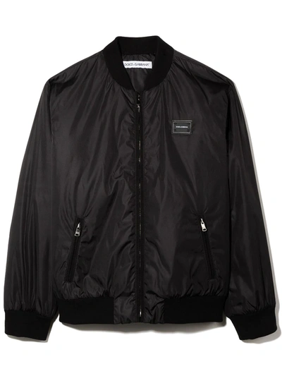 Dolce & Gabbana Kids' Logo-patch Zip-up Bomber Jacket In Black