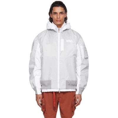 Nike X Sacai Logo-print Layered Bomber Jacket In Grey Fog Nike X Sacai Logo-print Layered Bomber Jacket In Grey Fog