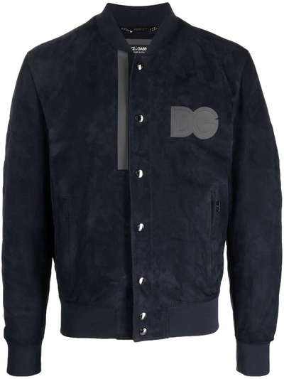 Dolce & Gabbana Logo-patch Leather Bomber Jacket In Blue
