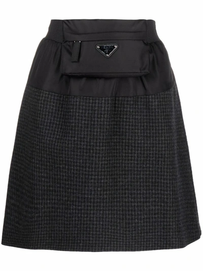Prada Black/anthracite Checked Mini Skirt With Pouch In Grey