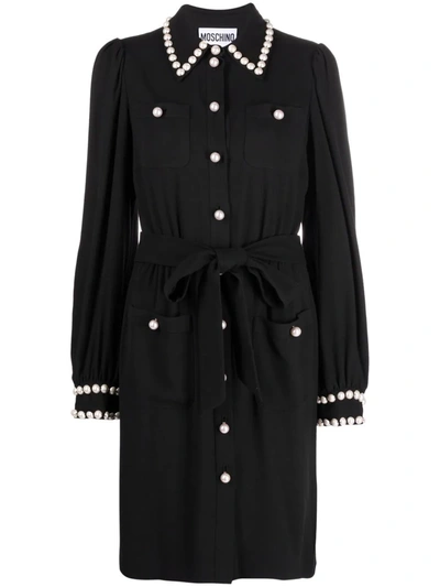 Moschino Georgette Shirt Dress With Pearls In Black