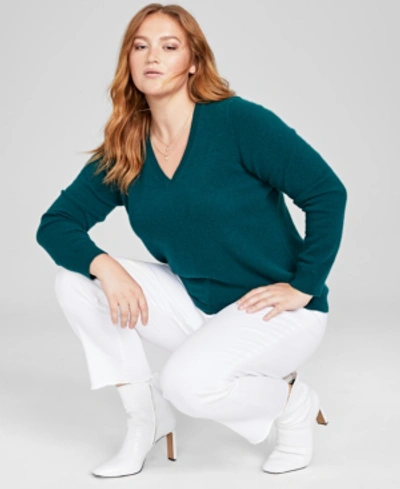 Charter Club Plus Size V-neck 100% Cashmere Sweater, Created For Macy's In Deep Alpine