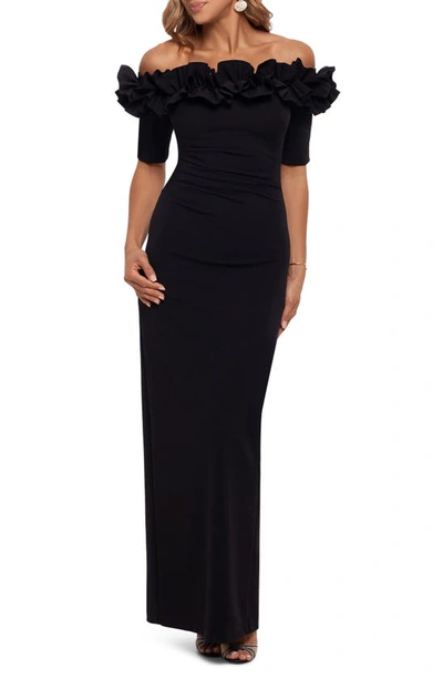 Xscape Ruffle Off The Shoulder Crepe Column Gown In Black