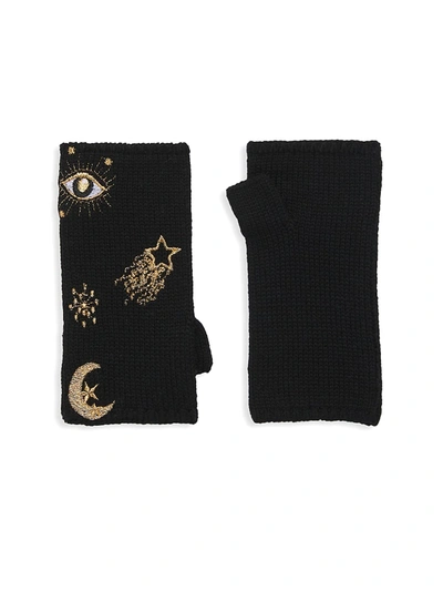 Carolyn Rowan Collection Ribbed Merino Wool Celestial-embroidered Fingerless Gloves In Black Gold