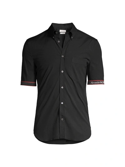 Alexander Mcqueen Mens Black Logo-tape Short-sleeve Stretch-cotton Shirt 15.75