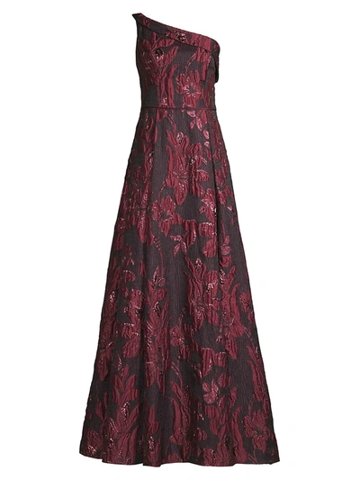 Aidan Mattox Floral Jacquard One Shoulder Gown In Wine