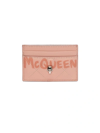 Alexander Mcqueen Quilted Leather Skull Card Holder In Rose Gold