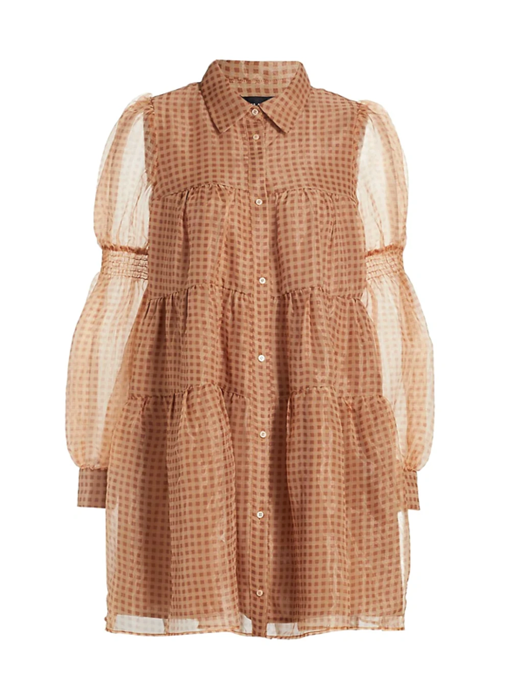 en saison organza gingham midi dress En Saison Gingham Organza Tiered Shirtdress In Brown