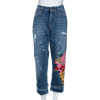 Pre-owned Dolce & Gabbana Indigo Light Wash Denim Embellished Capri Boyfriend Jeans M In Blue