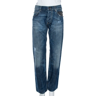 Pre-owned Roberto Cavalli Indigo Jacquard Denim Straight Fit Jeans L In Blue