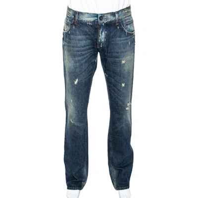 Pre-owned Dolce & Gabbana Indigo Light Washed Distressed Denim 14 Fit Jeans L In Blue