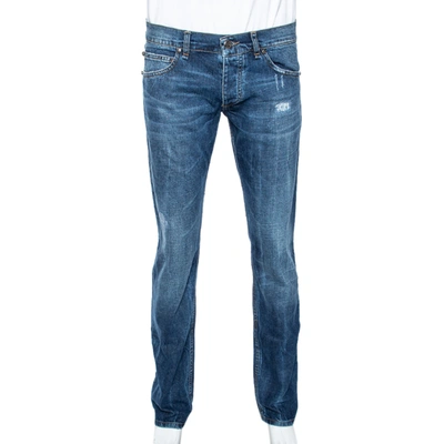 Pre-owned Roberto Cavalli Blue Medium Wash Distressed Denim Straight Fit Jeans L