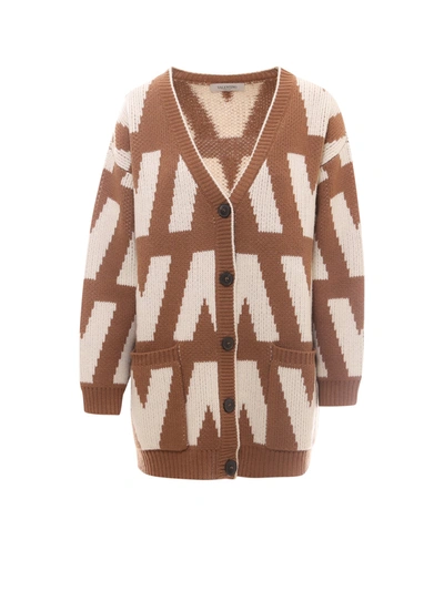 Valentino Intarsia Wool Knit Oversize Cardigan In Brown