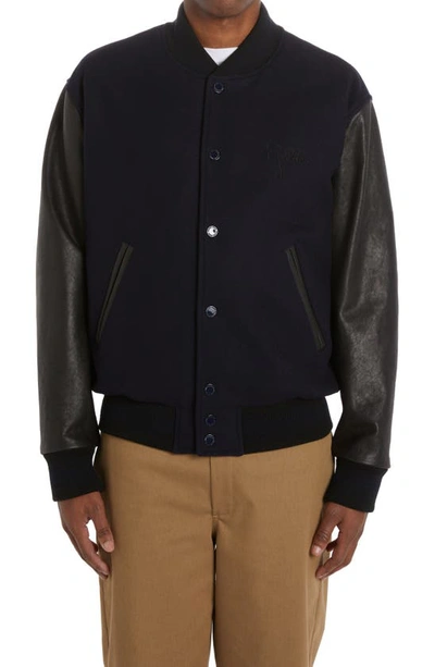 Golden Goose Aleandro Bomber Jacket With Leather Sleeves In Dark Blue
