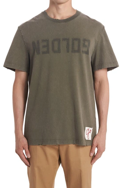 Golden Goose Distressed Cotton Graphic Tee In Dusty Olive