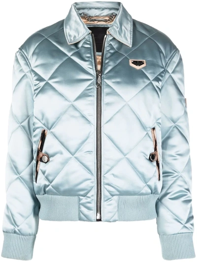 Philipp Plein Iconic Plein Quilted Bomber Jacket In Blue