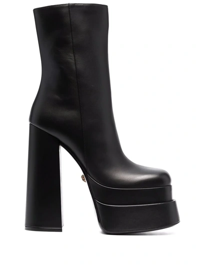 Versace 155mm Platform Leather Ankle Boots In Black
