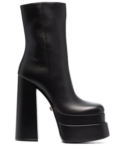 Versace 155mm Platform Leather Ankle Boots In Nero