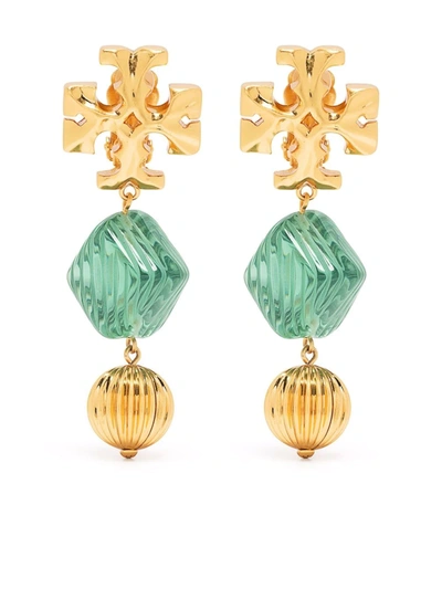 Tory Burch Roxanne Double Drop Clip-on Earrings In Rolled Brass / Azure Green