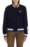 Golden Goose Wool Blend Bomber With Embroidered Logo In Dark Blue