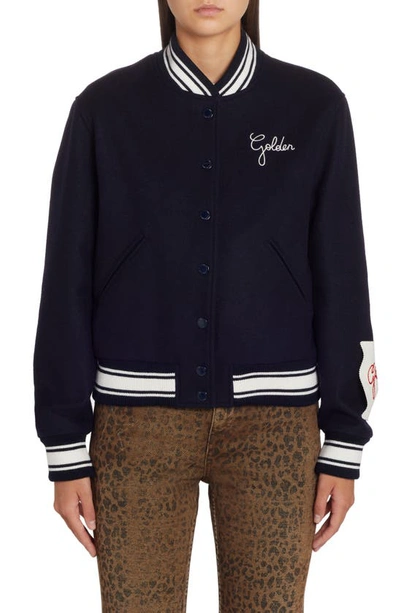 Golden Goose Dirce Embroidered Logo Wool Blend Bomber Jacket In Dark Blue