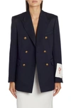 Golden Goose Blue Double-breasted Jacket With Peak Revers And Logo Plaque Detail In Dark Blue