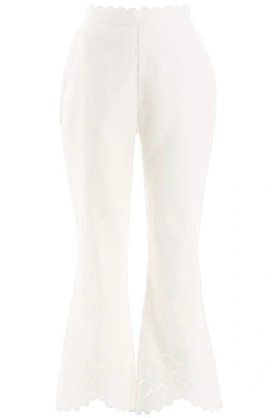 Zimmermann Carnaby Scallop Broderie Anglaise Linen Flared Pants In White