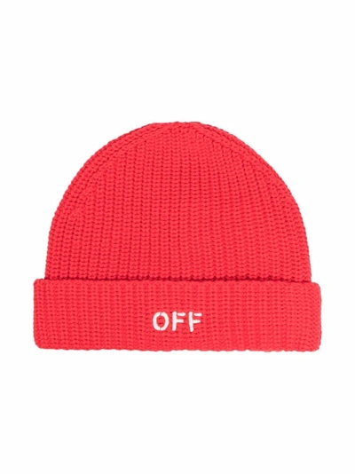 Off-white Logo-print Ribbed Beanie In Red