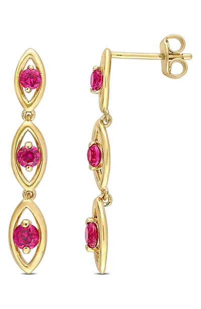 Delmar 18k Yellow Gold Plated Created Ruby Drop Earrings In Red