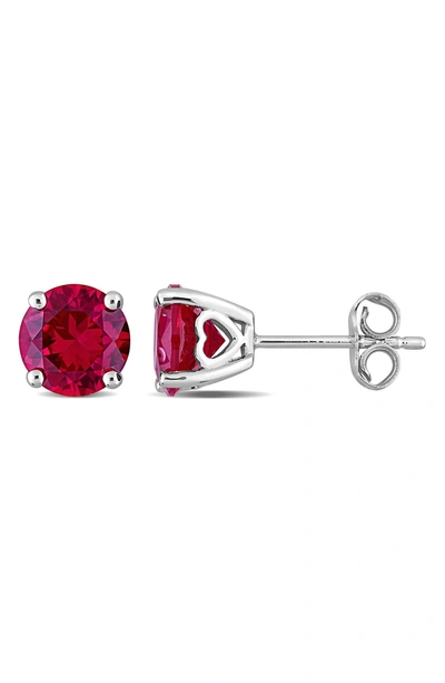 Delmar Sterling Silver Round Created Ruby Stud Earrings In Red