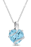 Delmar Sterling Silver Diamond Ribbon Sky Blue Topaz Heart Pendant Necklace In Blue